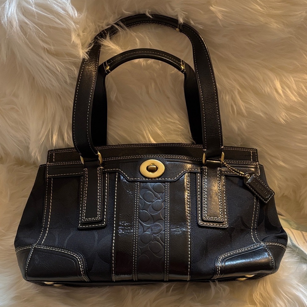 Coach Hampton Signature Stripe Black Leather & Canvas Satchel